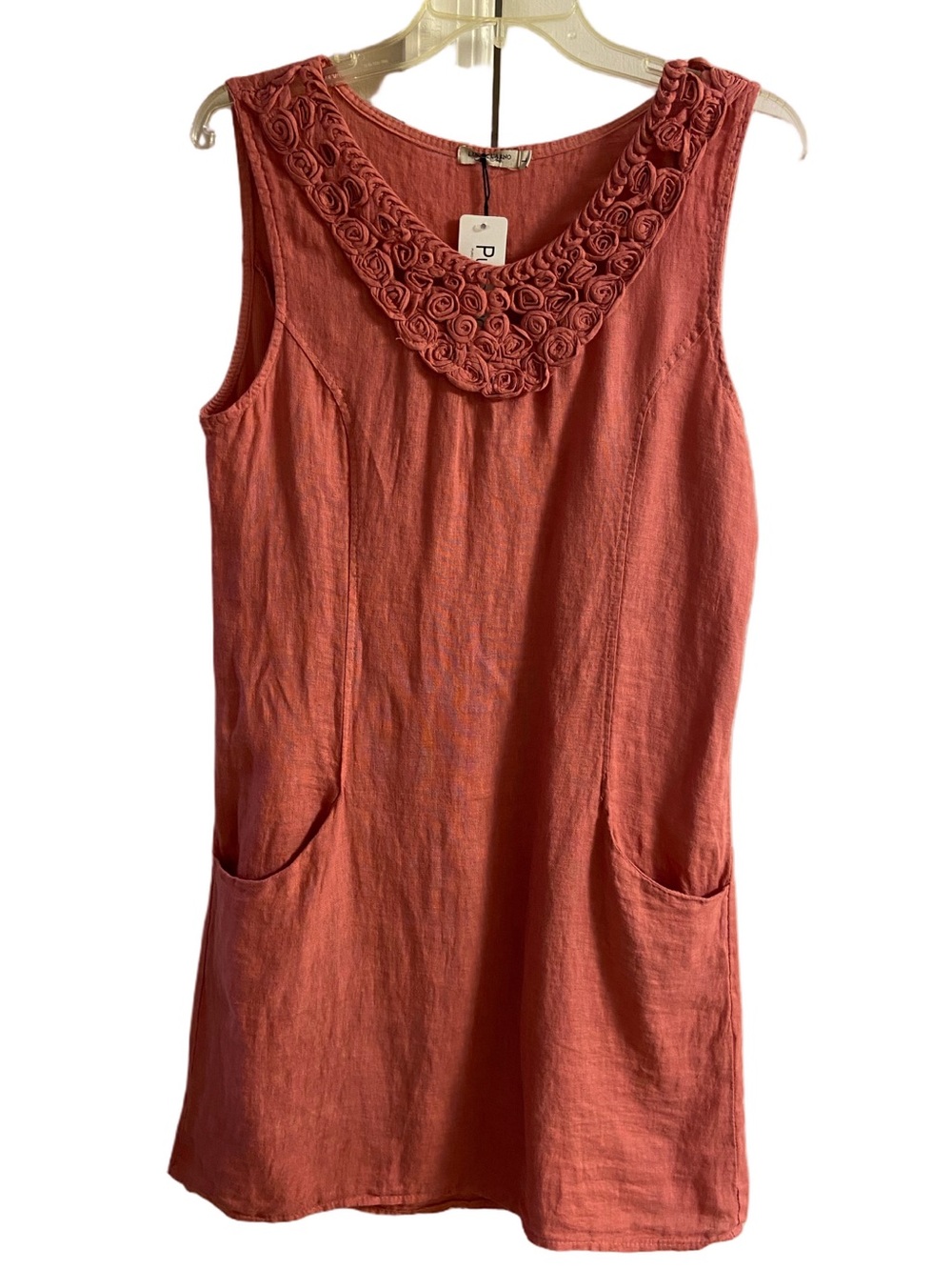 Lungo L’ Arno Sleeveless Dress with Rose Trimmed Neckline in Rust Linen Large